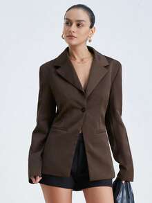 Aveloria Modichic Commuting Elegant Design Sense Backless Sexy Satin Luster Waist Cinching Long Sleeve Lapel Women's Blazer - Brown - View 3