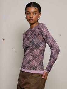 COUREZ 长袖格纹网纱上衣 / Y2K 冬季外出穿搭 性感外出穿搭 夜间外出穿搭 性感 - 摩卡棕 - 查看 5