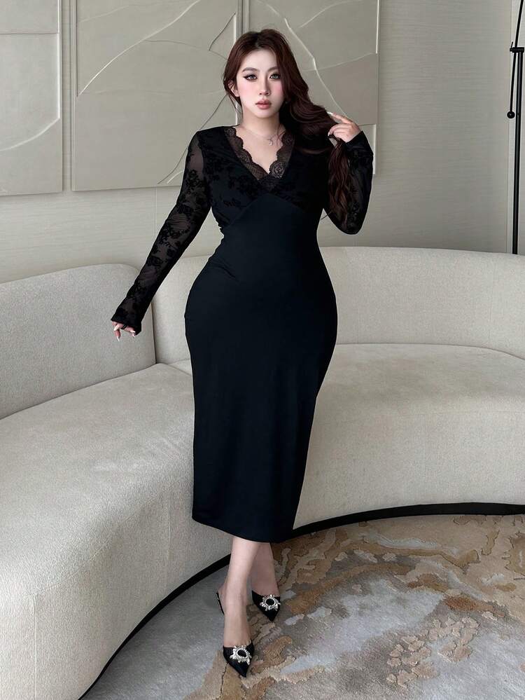 Dazy Plus Contrast Color Lace Embroidery V-Neck Wrap Dress, Sexy & Elegant Plus Size Women, Spring/Summer, Black Sundress