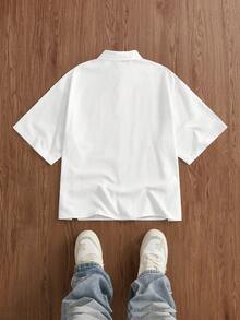 SWAVVY 男士休闲日常通勤学院风简约百搭骑士刺绣落肩宽松白衬衫配领带 - 白色 - 查看 4