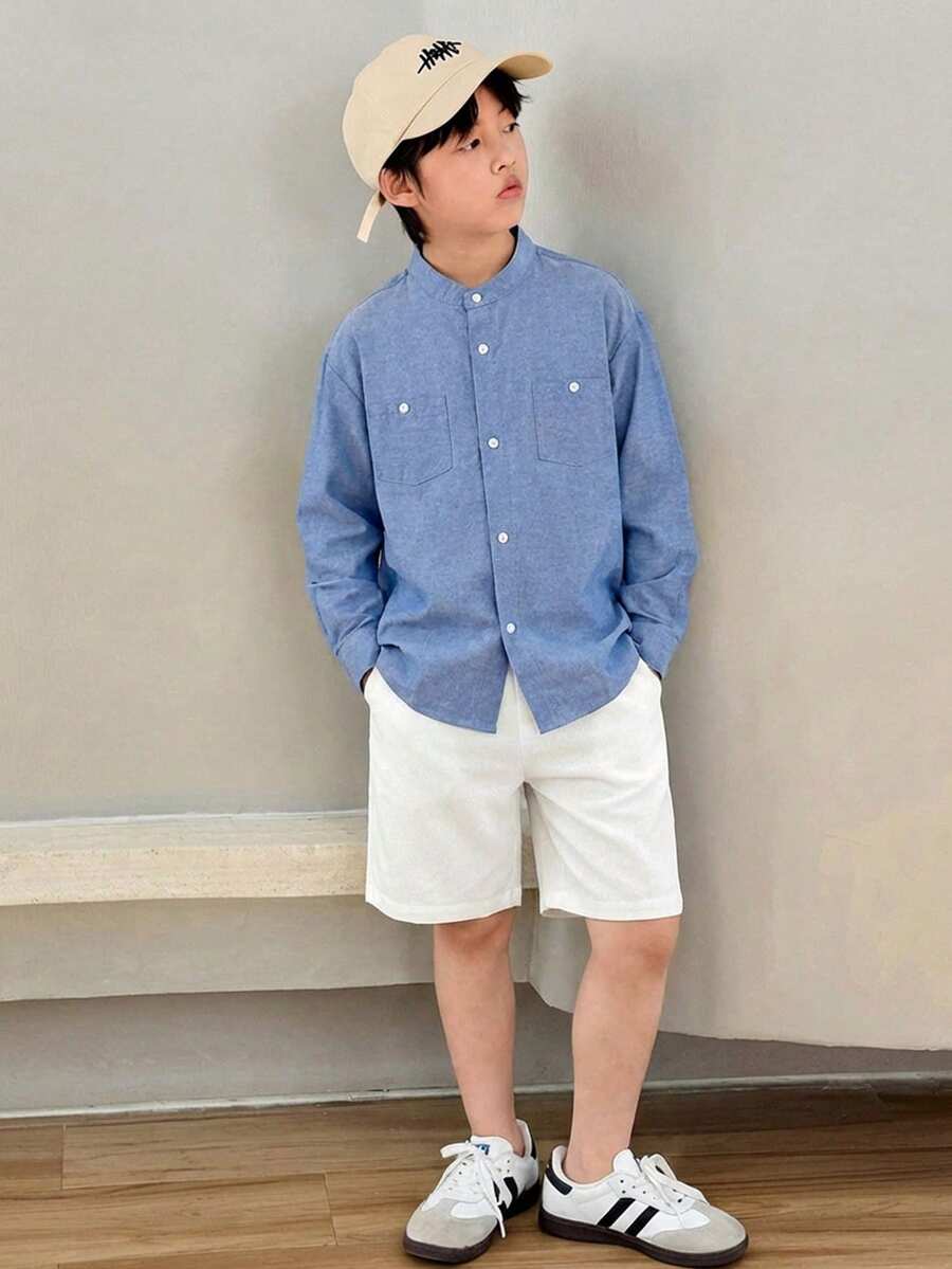 SHEIN 两件套儿童/青少年男童休闲日常舒适立领开襟宽松长袖衬衫和纯色短裤套装,适合上学、花园、海滩、生日、春季、夏季、秋季、冬季穿着。 - 彩色 - 查看 1