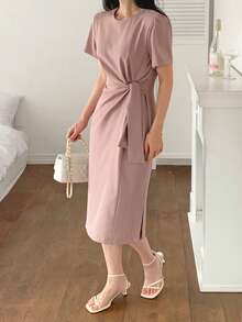 DAZY Women's Pink Round Neck Waist Cinched Mid-Length Dress - Pink - View 4