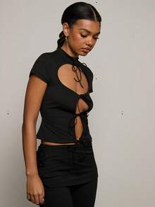 COUREZ Tie Front Cut Out Top/Y2K Spring Clothes For Women Cute Sexy Black Tops Going Out Party Rave Outfits Summer Tops 2 Piece Sets - Dark Grey - View 5