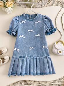 Young Girl' White Ribbon Bow Accent Blue Denim Ruffle Trim Puff Sleeve Dress - Light Wash - View 3