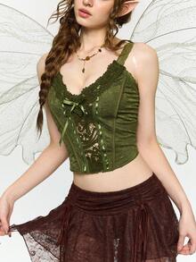 ROMWE Fairycore Áo camisole ngắn ôm sát lấy cảm hứng từ thiên nhiên dành cho nữ mùa hè, phối ren tương phản. - màu xanh lá - Xem 4