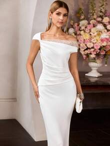 MOTF Soiréza ASYMMETRICAL SHOULDER LACE TRIM RUCHED WAIST MERMAID HEM COCKTAIL DRESS - White - View 5