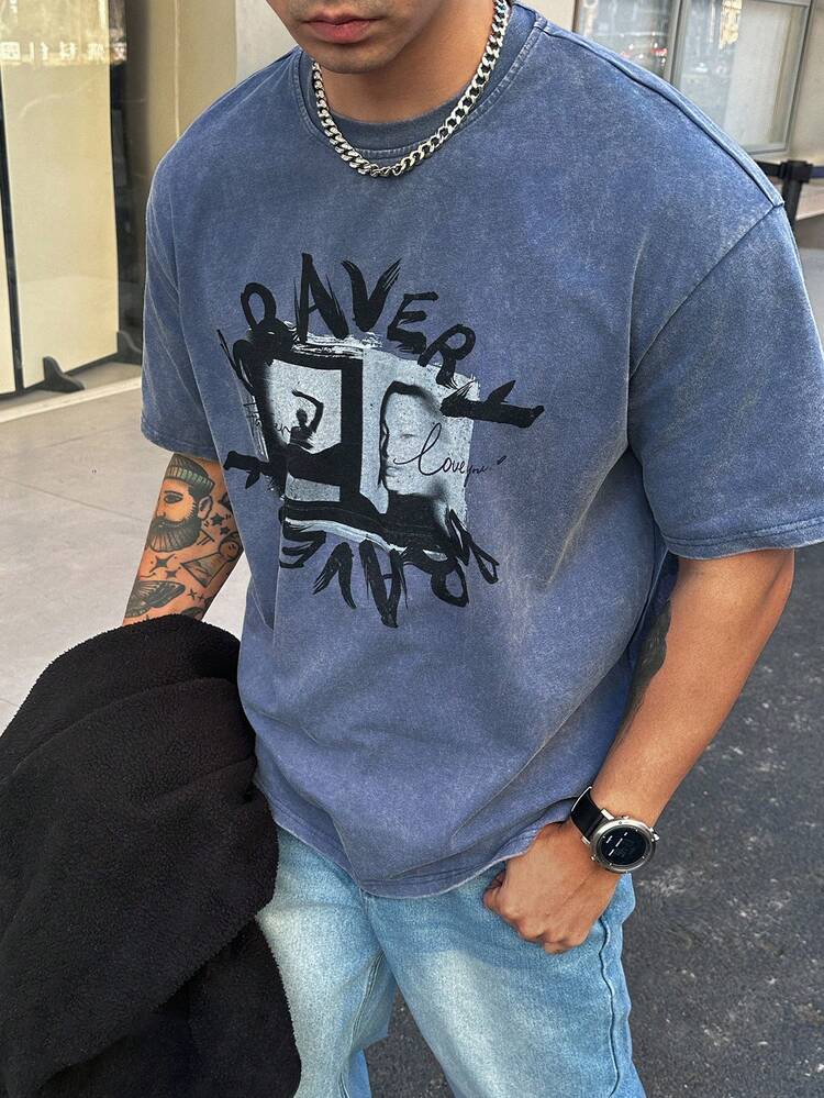 Men's Letter Print Washed Vintage Street Style T-Shirt, Summer