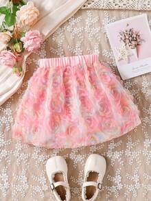 SHEIN 少女彩色3D玫瑰纹理网纱A字公主裙，百搭可爱甜美日常装扮 - 粉色 - 查看 2