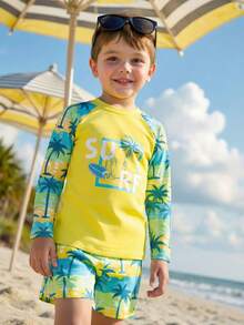 SHEIN Bộ đồ bơi 2 món cho bé trai, gồm áo tay raglan phối màu tương phản và quần đùi cạp chun, chất liệu co giãn mềm mại, thích hợp cho bơi lội và vui chơi dưới nước mùa hè. - Nhiều màu - Xem 7