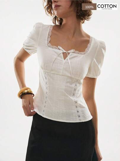 Poéselle Women's Elegant White  Lace Trim Cotton Blouse, White Shirt ,Cotton Shirt,Elegant Women's Blouses,Casual Blouses For Women , Valentine Outfits For Women, Vacation Outfits Women,Summer Tops,Spring/Summer, Square Neck Blouse