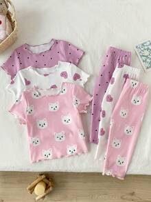 6pcs Baby Girls Cute Kitty, Heart & Polka Dot Print Ruffled Short Sleeve Top And Pants Pajama Set - Multicolor - View 1