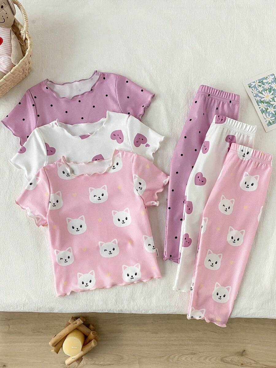 6pcs Baby Girls Cute Kitty, Heart & Polka Dot Print Ruffled Short Sleeve Top And Pants Pajama Set - Multicolor - View 1