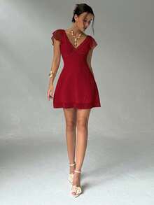 Aloruh Elegant Sexy Charming Ruffle Sleeve A-Line Deep V-Neck Backless Mini Dress For Women - Burgundy - View 3