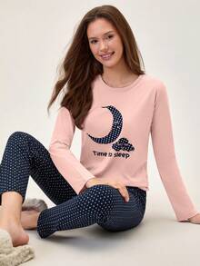 Loomlin 2pcs Cotton Contrast Colour Moon Printed Shirt And Star Printed Sleep Bottom PJ Set - Baby Pink - View 6