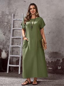 EMERY ROSE 大码女士休闲度假圆领短袖口袋连衣裙，春季 - 軍綠色 - 查看 7
