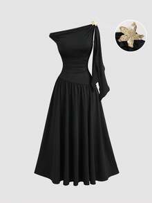 Sweetra 女士纯色高端斜肩多功能褶皱修身A字长连衣裙，夏季 - 黑色 - 查看 1