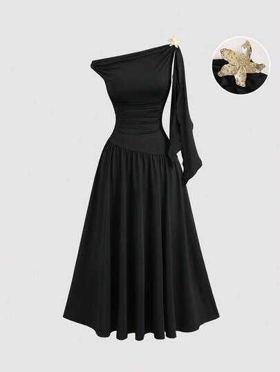 Sweetra Đầm dài dáng chữ A xếp ly đa năng, màu trơn cao cấp dành cho nữ, kiểu dáng lệch vai, thích hợp mặc nhiều dịp, mùa hè.