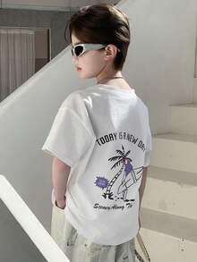 DAZY Camiseta de manga corta casual de cuello redondo con estampado de letras y palmeras para niño preadolescente en verano - Blanco - Ver 3