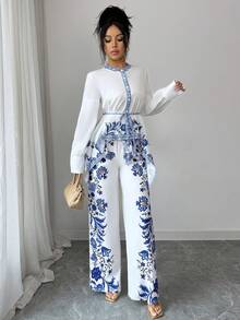 Elenzga Women's 2-Piece Set: Elegant Chinoiserie Print Round Neck Mandarin Collar Tie-Waist Bow Blouse With Asymmetrical Hem, Paired With Elastic Waist Printed Straight Leg Pants, Outfit - Multicolor - View 3