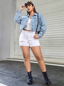 SHEIN EZwear 加碼洗水長袖牛仔外套 - 淺色水洗藍 - 查看 3