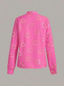 EMERY ROSE Heart Print Cutout Collar Casual Shirt, Spring/Autumn - Hot Pink - View 2
