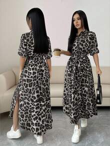 Brown Fitted Dress With Draped Neckline And Long Cape - Light Grey - View 2
