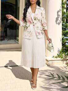 SHEIN Lady Women's Floral Print Lapel Neck3/4 Sleeve Jacket And Pleated Mini Skirt Elegant Suit Set - Multicolor - View 4