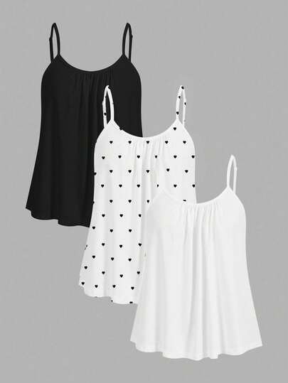 SHEIN EZwear 3件套加大码女式褶皱波点宽松吊带背心，可调节肩带，适合春夏穿着