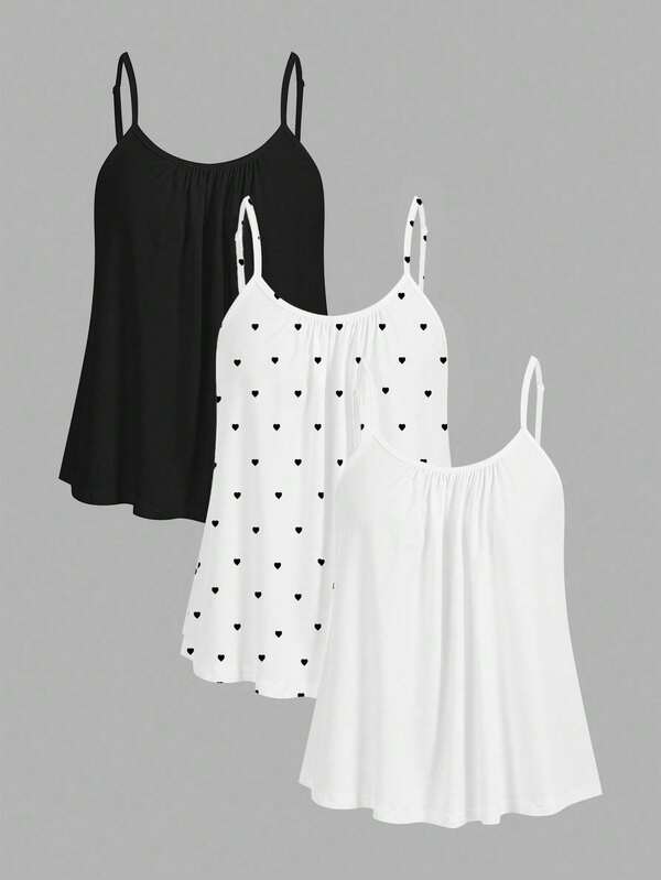 SHEIN EZwear 3pcs Plus Size Women Pleated Polka Dot Loose Camisole Adjustable Strap Cami Top, Suitable For Spring/Summer