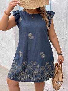 SHEIN VCAY 大码休闲度假腰果花刺绣连衣裙 - 藏蓝色 - 查看 1