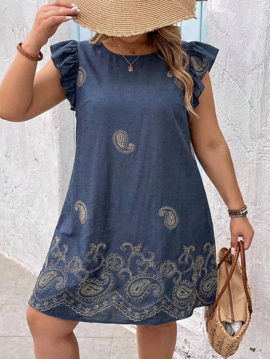 SHEIN VCAY 大码休闲度假腰果花刺绣连衣裙 - 藏蓝色 - 查看 1