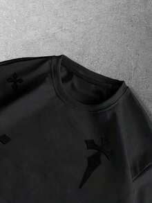 ROMWE MEN 男士休闲圆领二合一十字图案T恤 - 黑色 - 查看 3