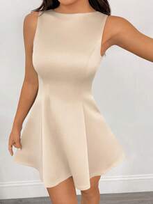 SHEIN PETITE 女士纯色无袖A字腰身优雅连衣裙，适合秋季约会 - 杏色 - 查看 4