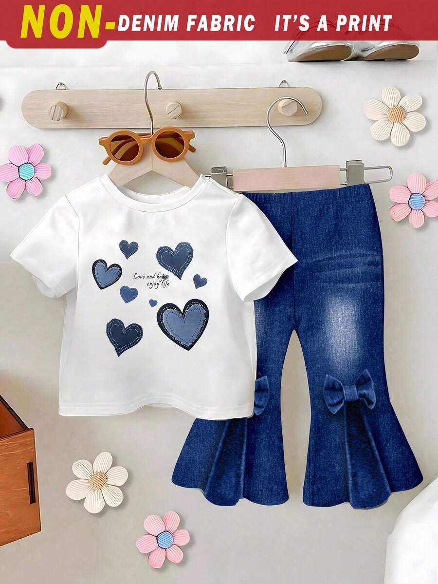 Set de 2 piezas de camiseta con estampado de denim y pantalones acampanados con estampado de corazón para niñas pequeñas, con estampado de letras azules, lindo y alegre, conjunto versátil para todo uso, adecuado para invierno, primavera y verano - Multicolor - Ver 1