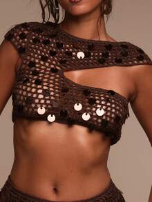 MUSERA Open Knit Sequin Off-The-Shoulder Crop Top Only Cover Up Swim Vacation Holiday Summer Travel Beachwear Terra Sol - Chocolate Brown - View 6