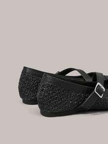 Styleloop Women Shoes Holiday Style Woven Shoes Noodle Belt Women's Flat Single Shoes Holiday Style Wear BOHO Wear American Retro Style Bohemian Style Western Style Music Festival Wear Party Wear Flat Women's Shoes - Black - View 5