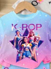 2pcs/Set Baby Girl Casual K-POP Korean Style Cartoon Girl Pentagram Colorblock Tie-Dye Short Sleeve Round Neck T-Shirt And Matching Shorts Set, Suitable For Holiday Casual Wear - Multicolor - View 6