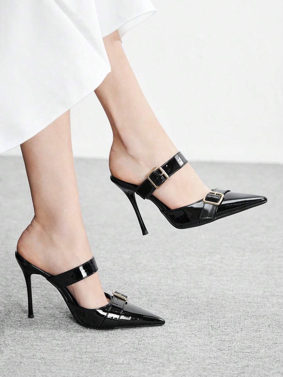 CUCCOO BIZCHIC Women's Pointed Toe Buckle Design Everyday Versatile Fashion High Heels - Black - View 1
