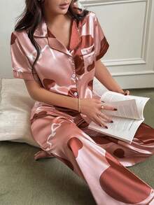 Dream Adore Heart & Letter Print Satin Pocket Short Sleeve Pajama Set For Women - Red - View 5