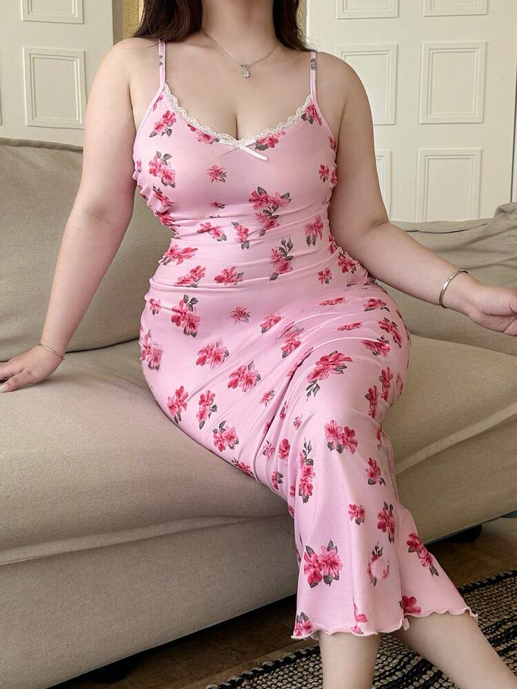 Dazy Plus Plus Size Women Floral Print Bow Decor Elegant Camisole Nightgown
