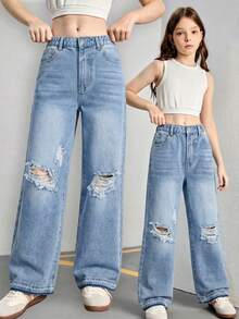 Tween Girls Light Blue Ripped Baggy Jeans,Y2K Grunge Style Loose Straight Leg Distressed Denim,Summer Back-To-School Fashion Casual Jeans For School - Medium Wash - View 8
