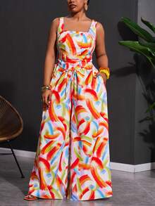 Slaydiva 2025新款春夏度假休闲卡其色鱼骨吊带上衣和阔腿裤两件套，带口袋，纹理面料，大码女式彩色连体裤印花连体裤女式连体裤女式连衣裙阔腿连体裤 - 彩色 - 查看 7