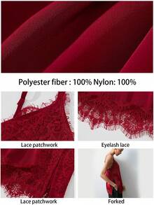 Maija 浪漫优雅的情人节酒红色缎面蕾丝拼接侧开衩女士吊带背心，夏季款 - 酒紅色 - 查看 4