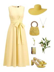 Ellevyn 女士优雅黄色纹理面料圆领系带A字口袋连衣裙，适合度假、通勤、海滩、旅行、约会及多种场合。 - 鵝黃色 - 查看 4