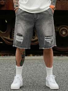 DAZY Distressed Washed Yellow-Grey Men's Denim Shorts, Summer - Dark Grey - View 1