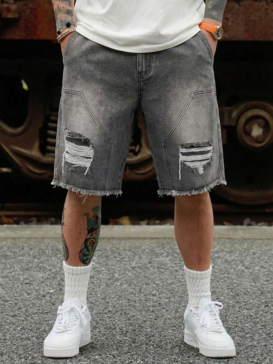 DAZY Distressed Washed Yellow-Grey Men's Denim Shorts, Summer - Dark Grey - View 1