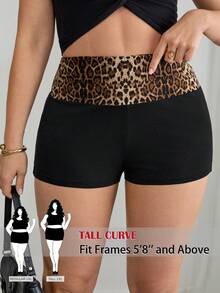 SHEIN Tall CURVE 大码时尚性感豹纹拼接休闲短裤，夏季女装，豹纹短裤，猎豹纹短裤，女士短裤，派对，休闲女装，黑色短裤 - 彩色 - 查看 3
