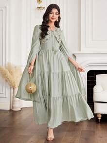 Yasmyna 女士亮片系带流苏设计超长袖褶皱休闲派对阿拉伯蛋糕裙 - 杏色 - 查看 4