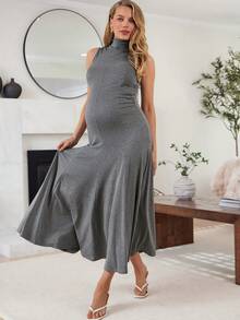 SHEIN Vestido casual de uso diario para salidas y reuniones, de unicolor y cuello alto, para embarazadas - Gris - Ver 1