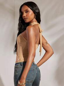 Opulessa Summer Spring Vacation Beach Elegant Casual Going Out Party Wedding Birthday Shiny Rhinestone Women's Y2K Rhinestone Design Cropped Halter Top - Khaki - View 2